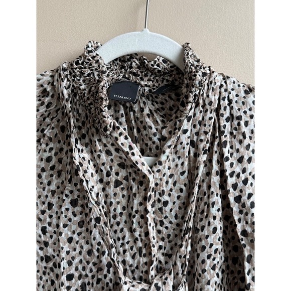 Pinko Women's Leopard Print Long Sleeve Blouse with Neck Tie – Size US 1 (S/XS) - Picture 4 of 6
